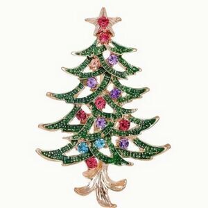 Festive 14K Gold Plated Christmas Tree Brooch with Sparkling Rhinestones Elegant